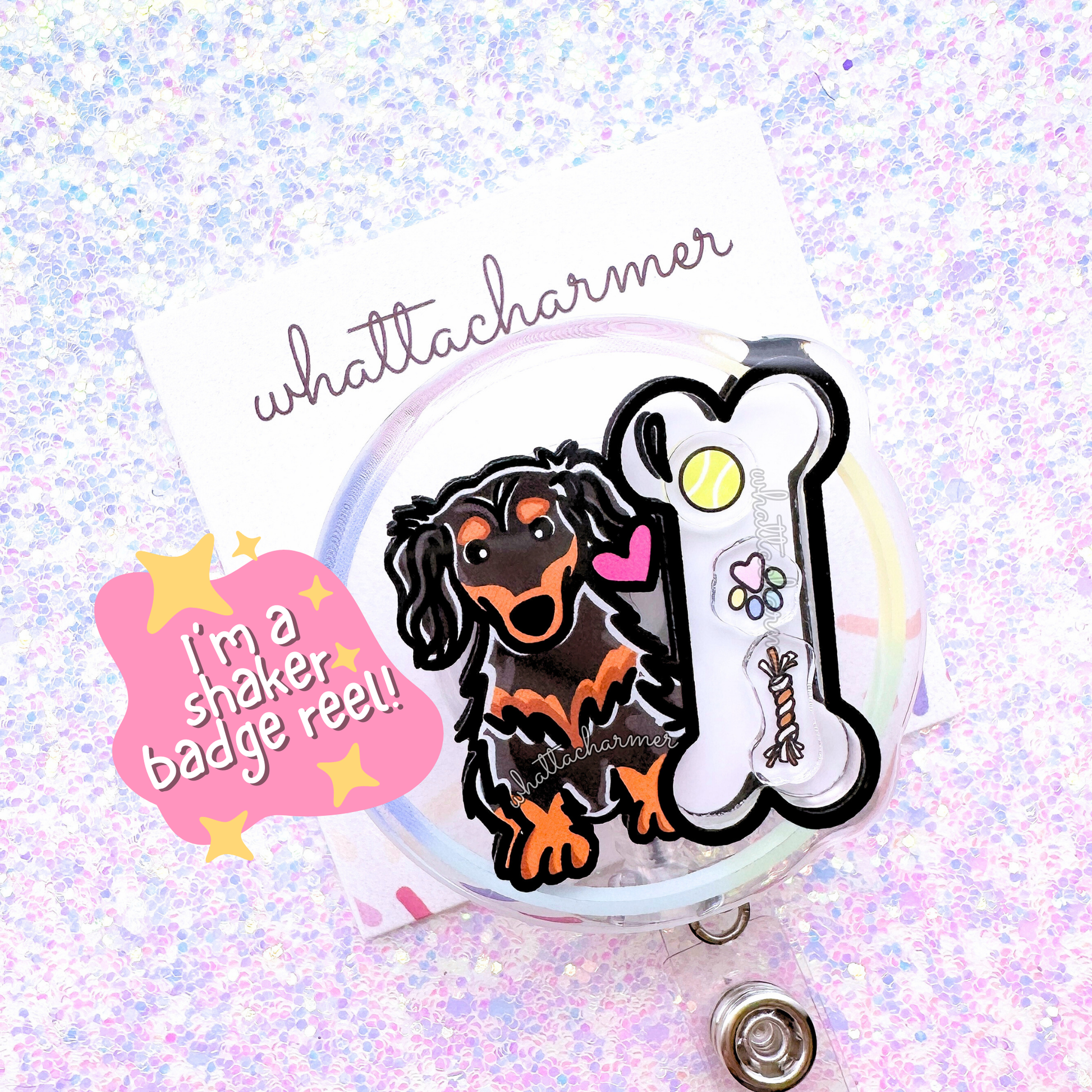 Longhaired Black and Tan Dachshund Shaker Badge Reel