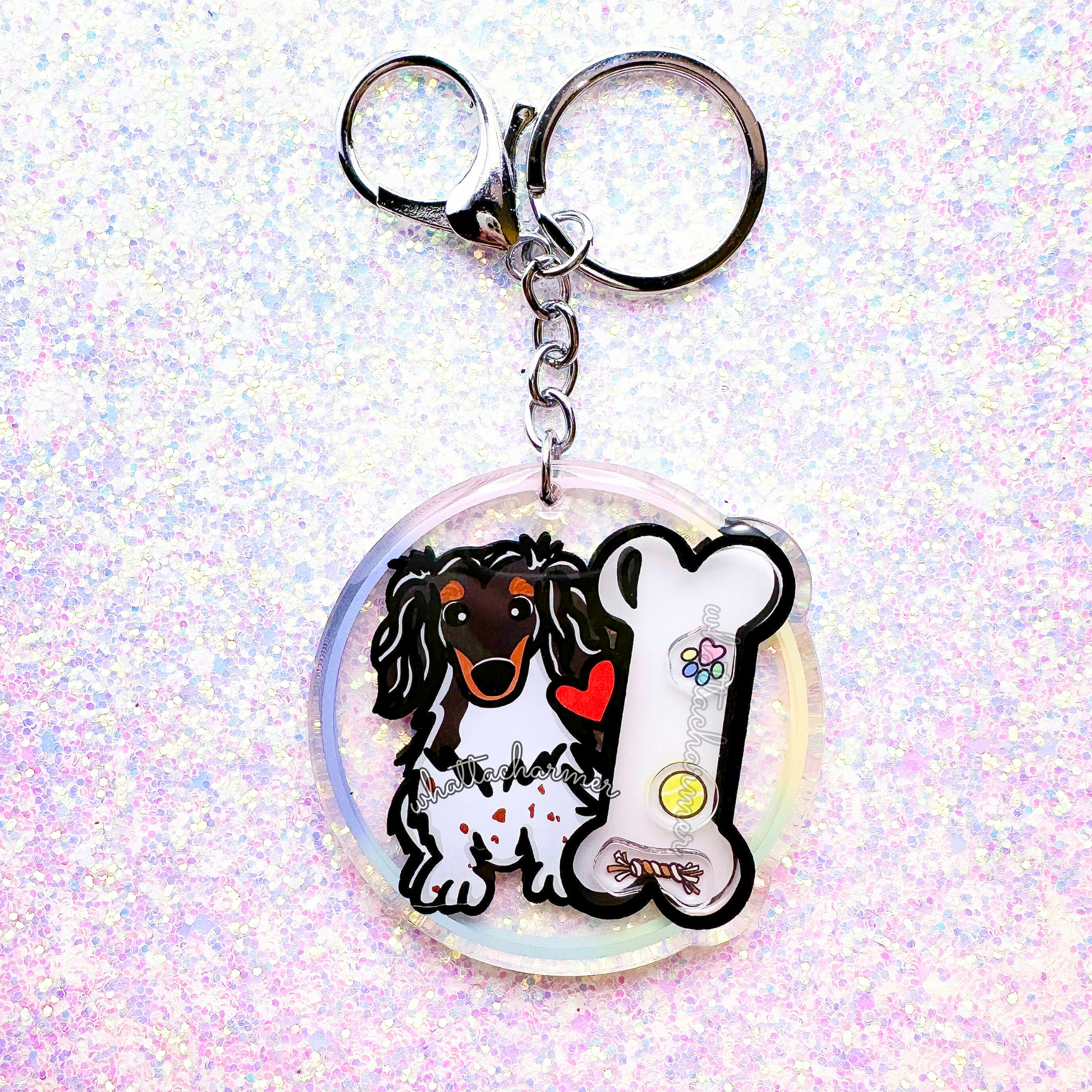 Longhaired Black and Tan Piebald Dachshund Keychain