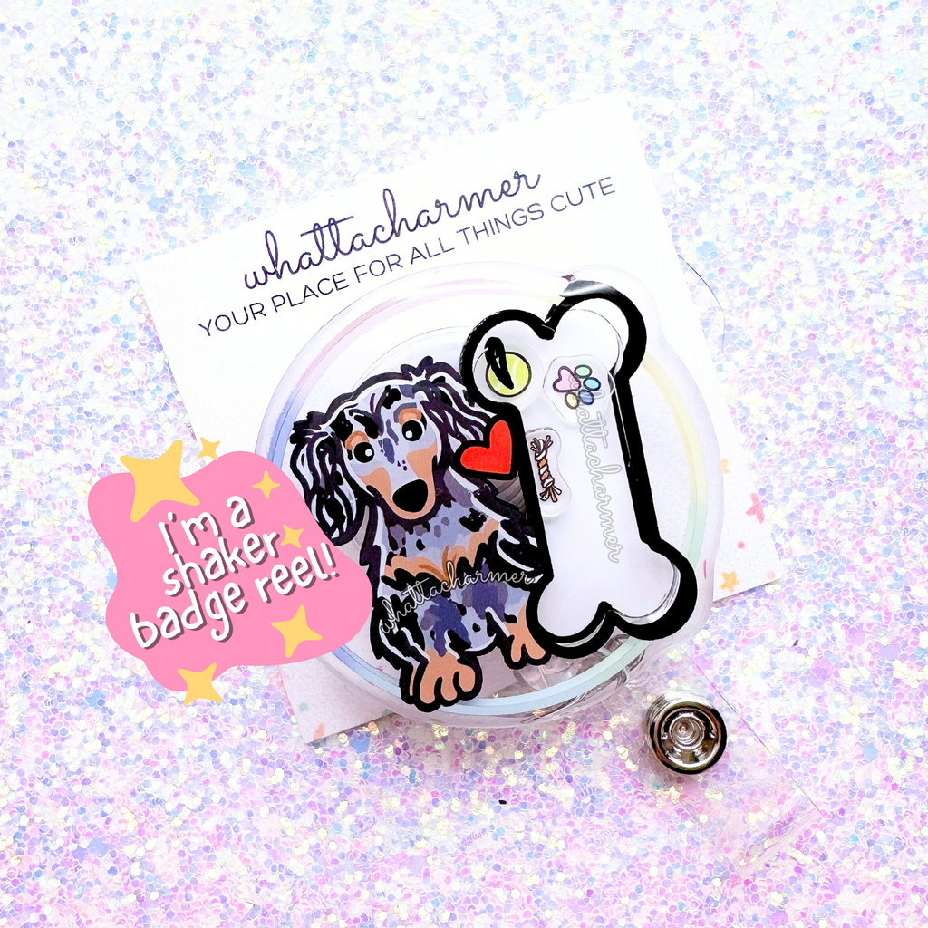 Longhaired Blue Merle and Tan Dachshund Shaker Badge Reel