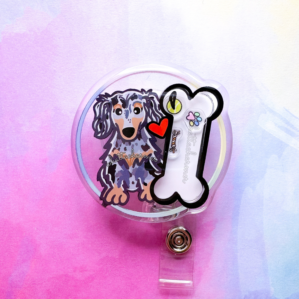 Longhaired Blue Merle and Tan Dachshund Shaker Badge Reel