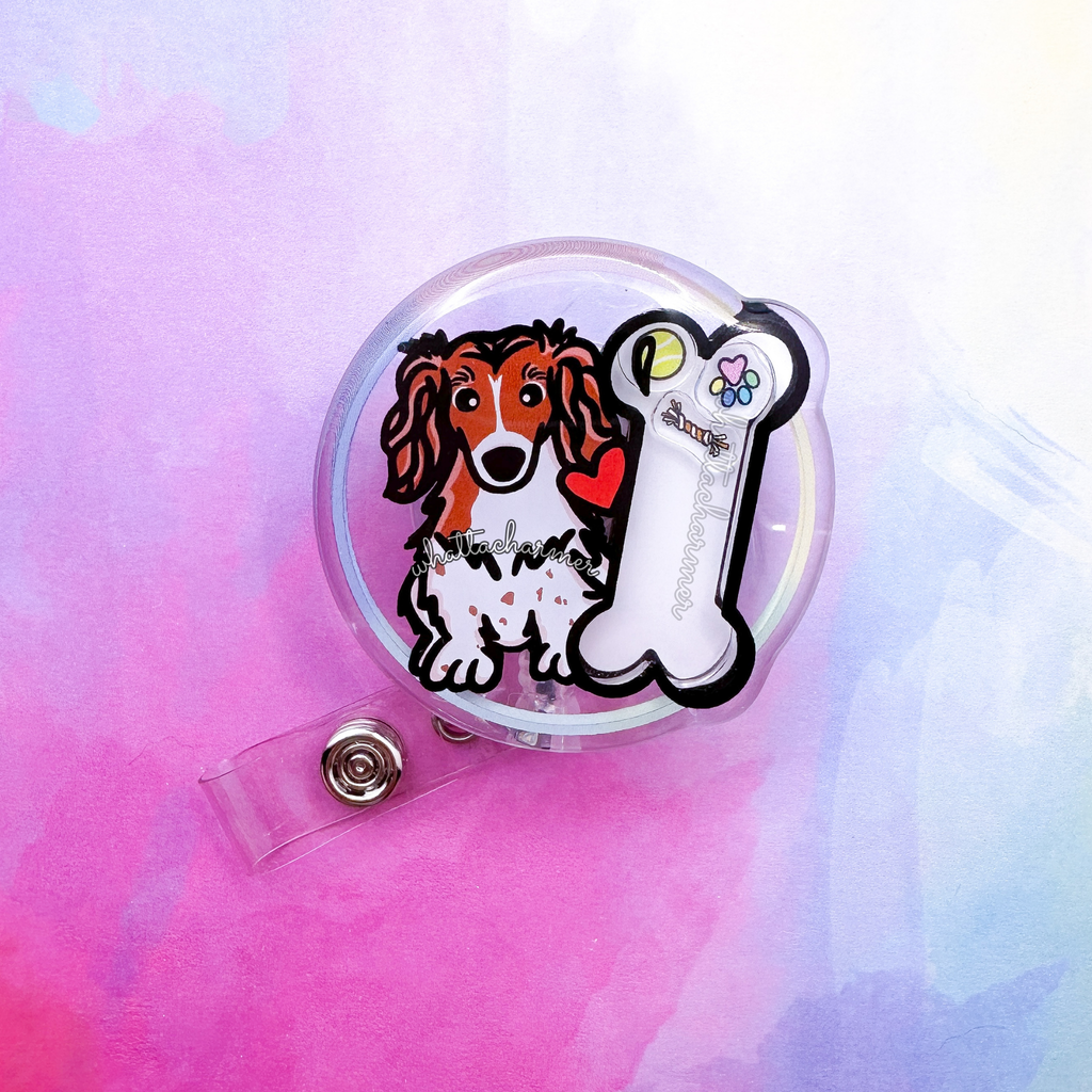 Longhaired Red Piebald Dachshund Shaker Badge Reel