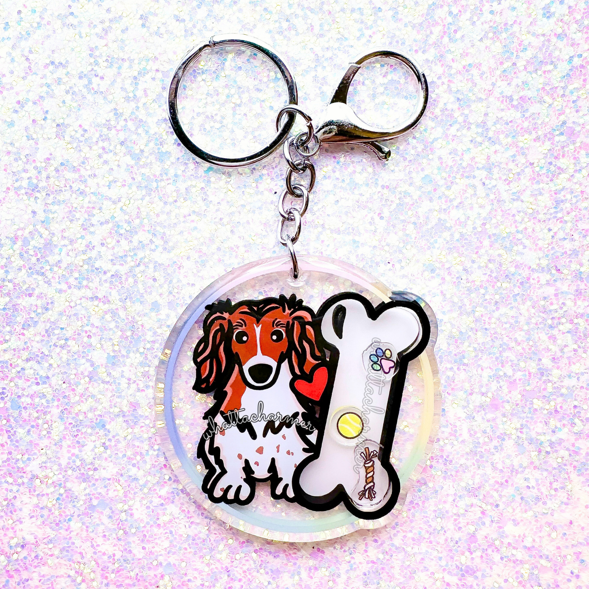 Longhaired Red Piebald Dachshund Keychain