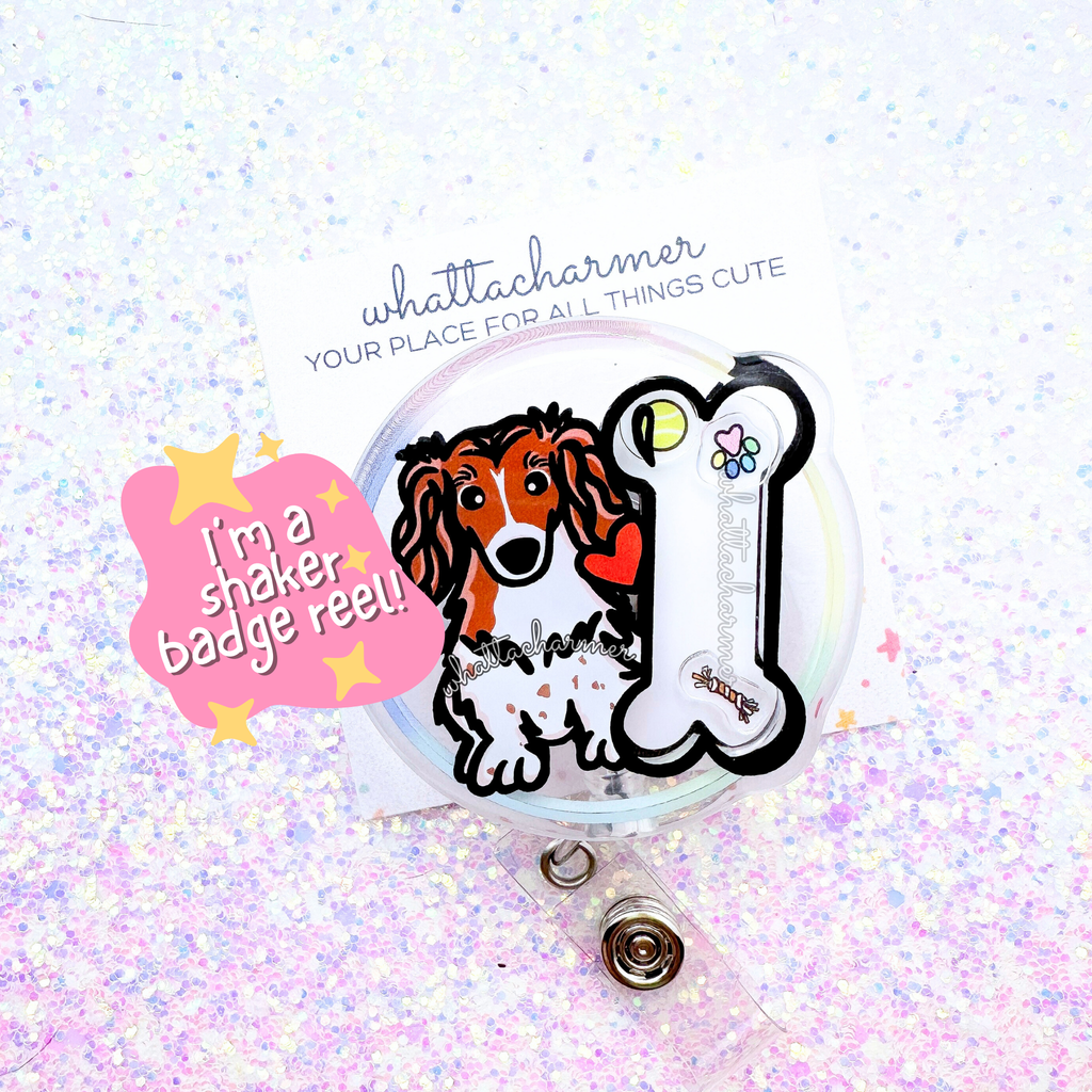Longhaired Red Piebald Dachshund Shaker Badge Reel