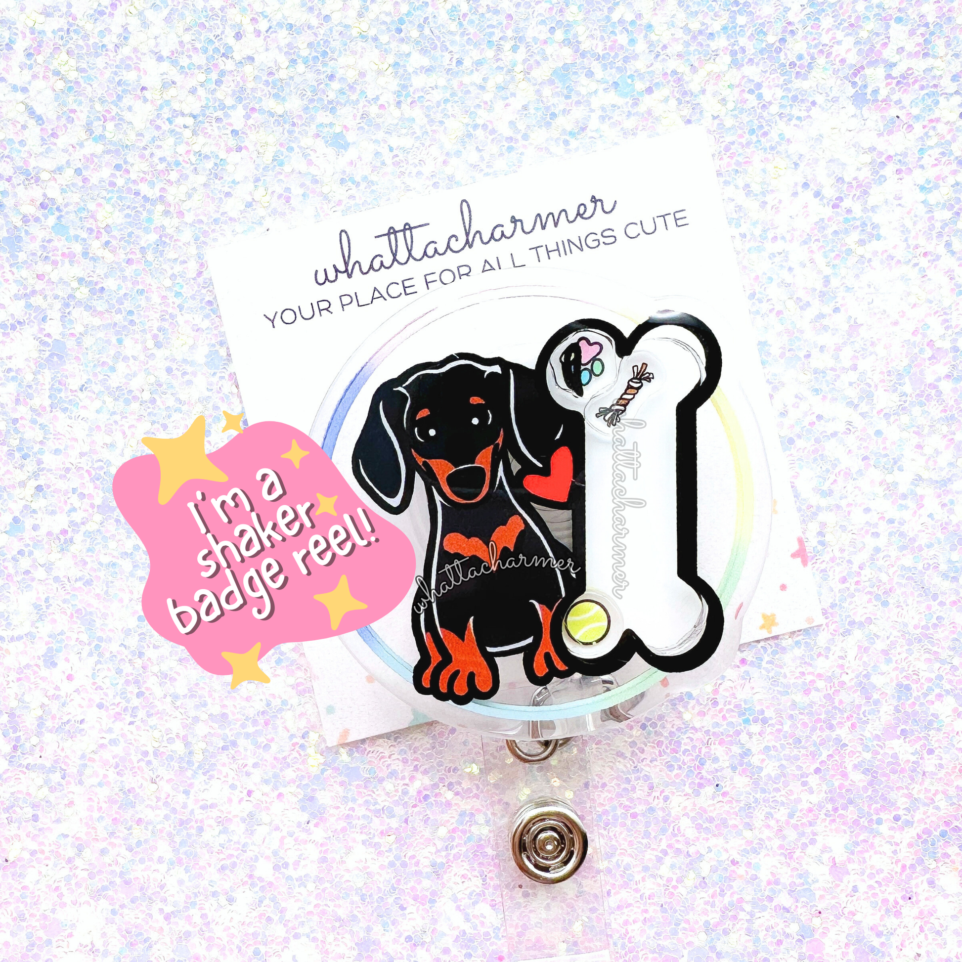 Smooth Black and Tan Dachshund Shaker Badge Reel