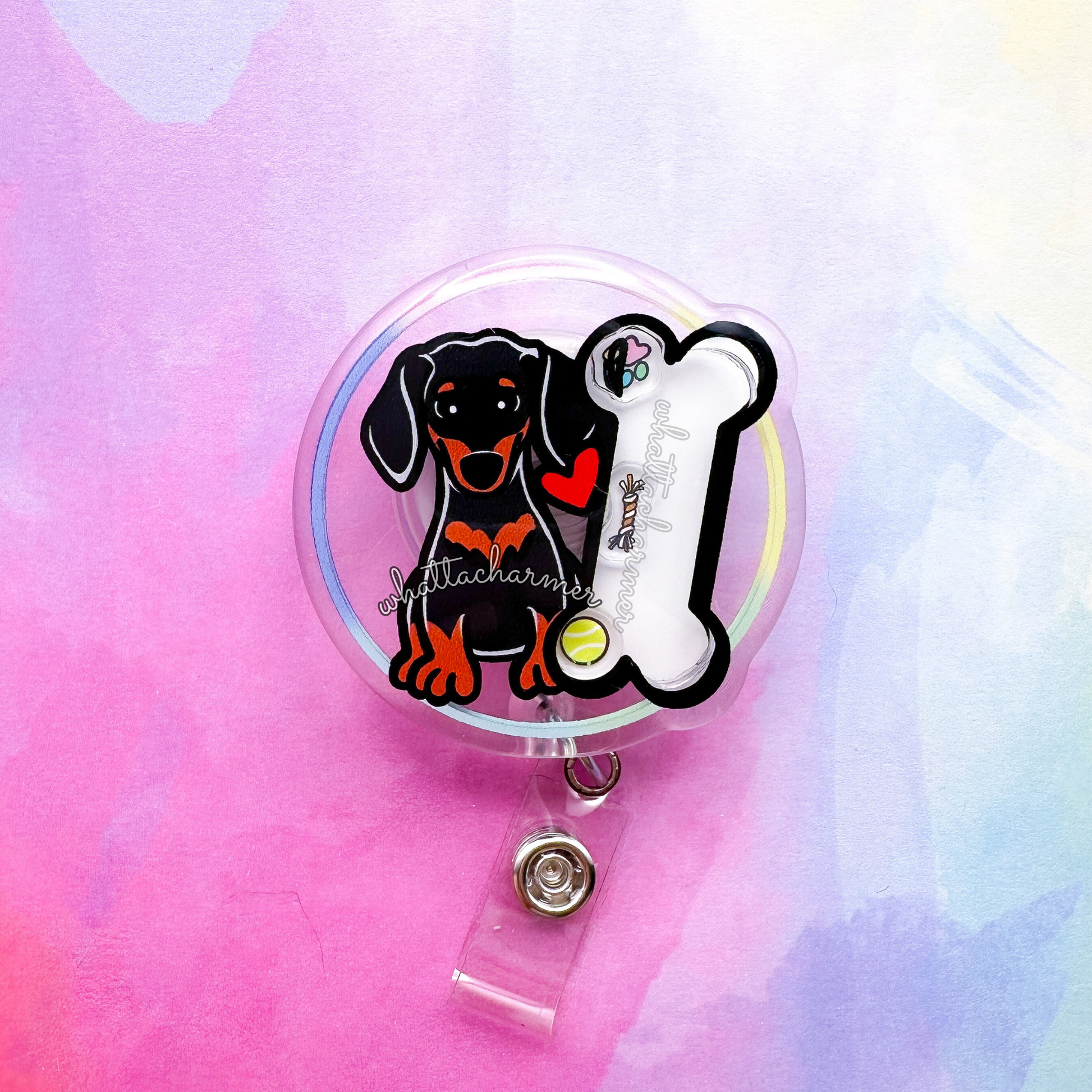 Smooth Black and Tan Dachshund Shaker Badge Reel