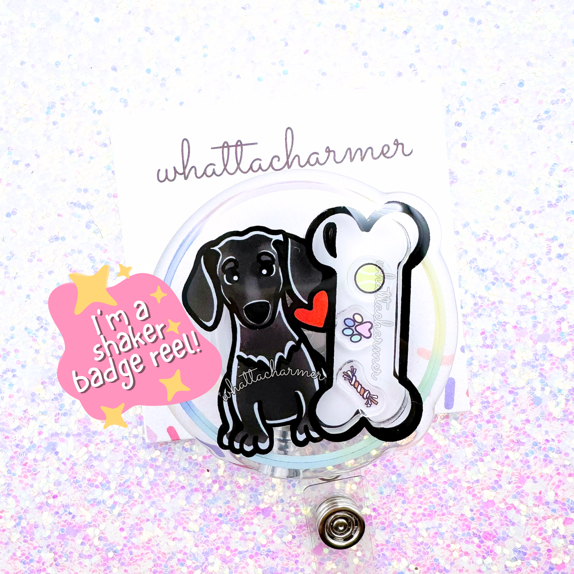 Smooth Black Dachshund Shaker Badge Reel