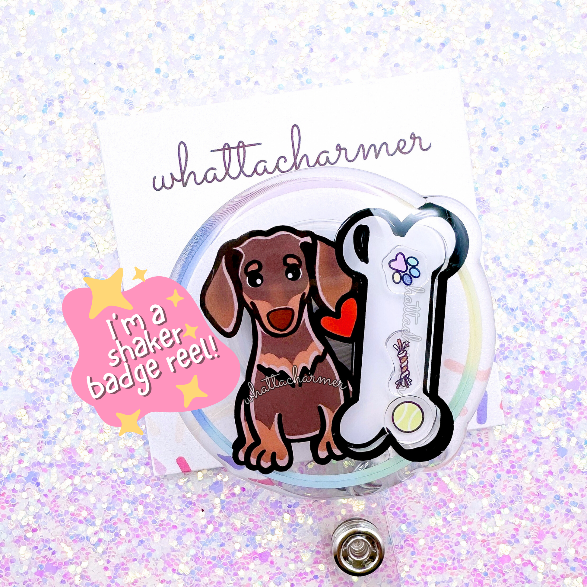 Smooth Chocolate and Tan Dachshund Shaker Badge Reel