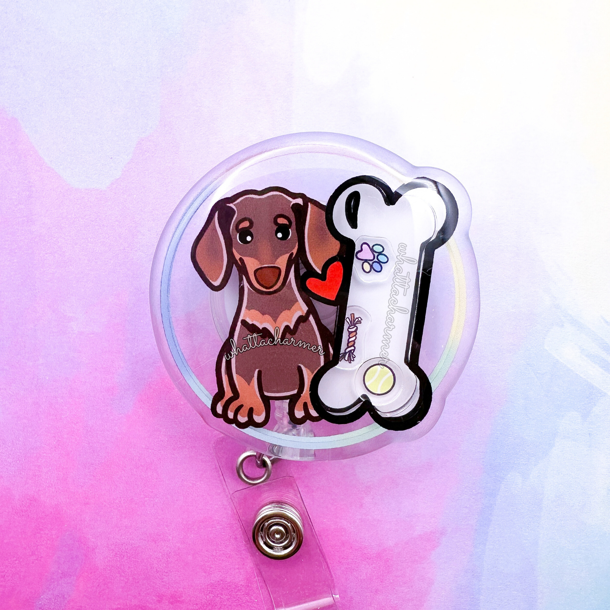 Smooth Chocolate and Tan Dachshund Shaker Badge Reel
