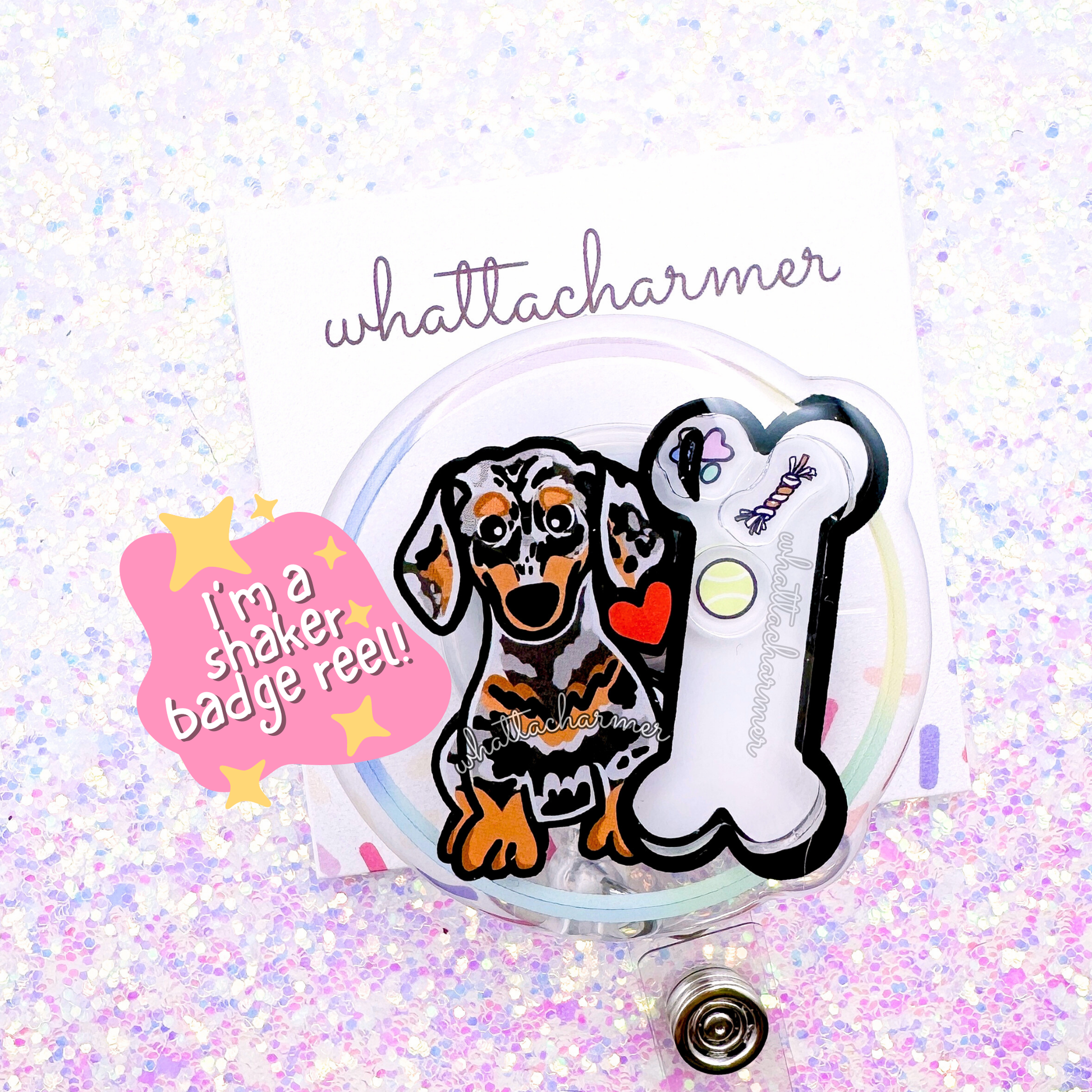 Smooth Silver Dapple Dachshund Shaker Badge Reel