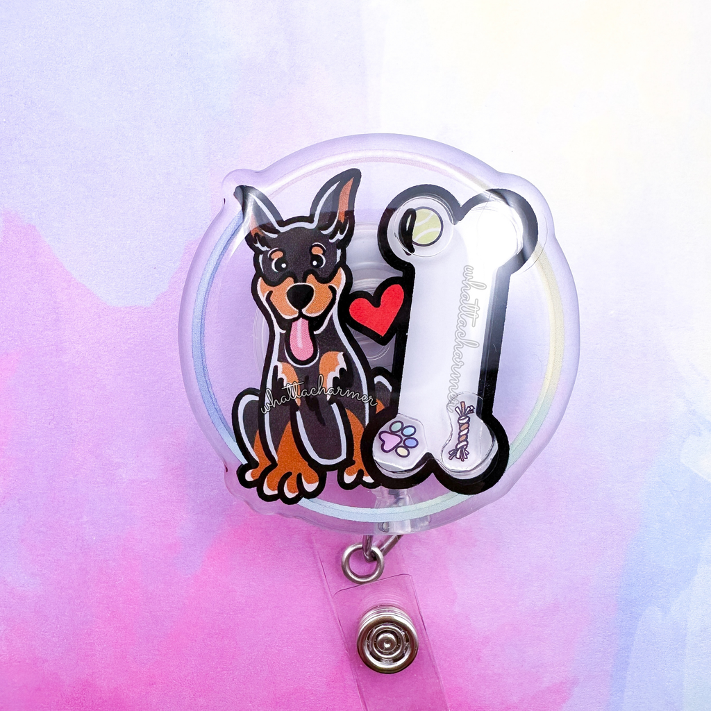 Black and Rust Doberman Pinscher (Cropped Ears) Shaker Badge Reel