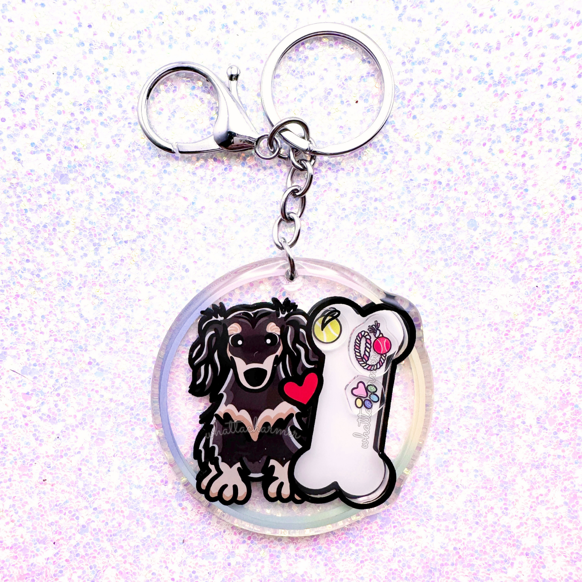 Longhaired Black and Cream Dachshund Keychain