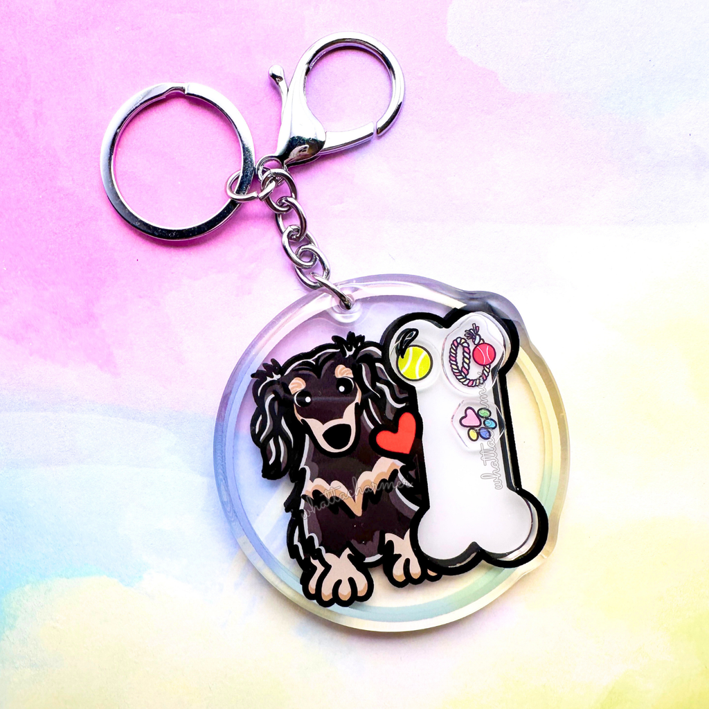 Longhaired Black and Cream Dachshund Keychain