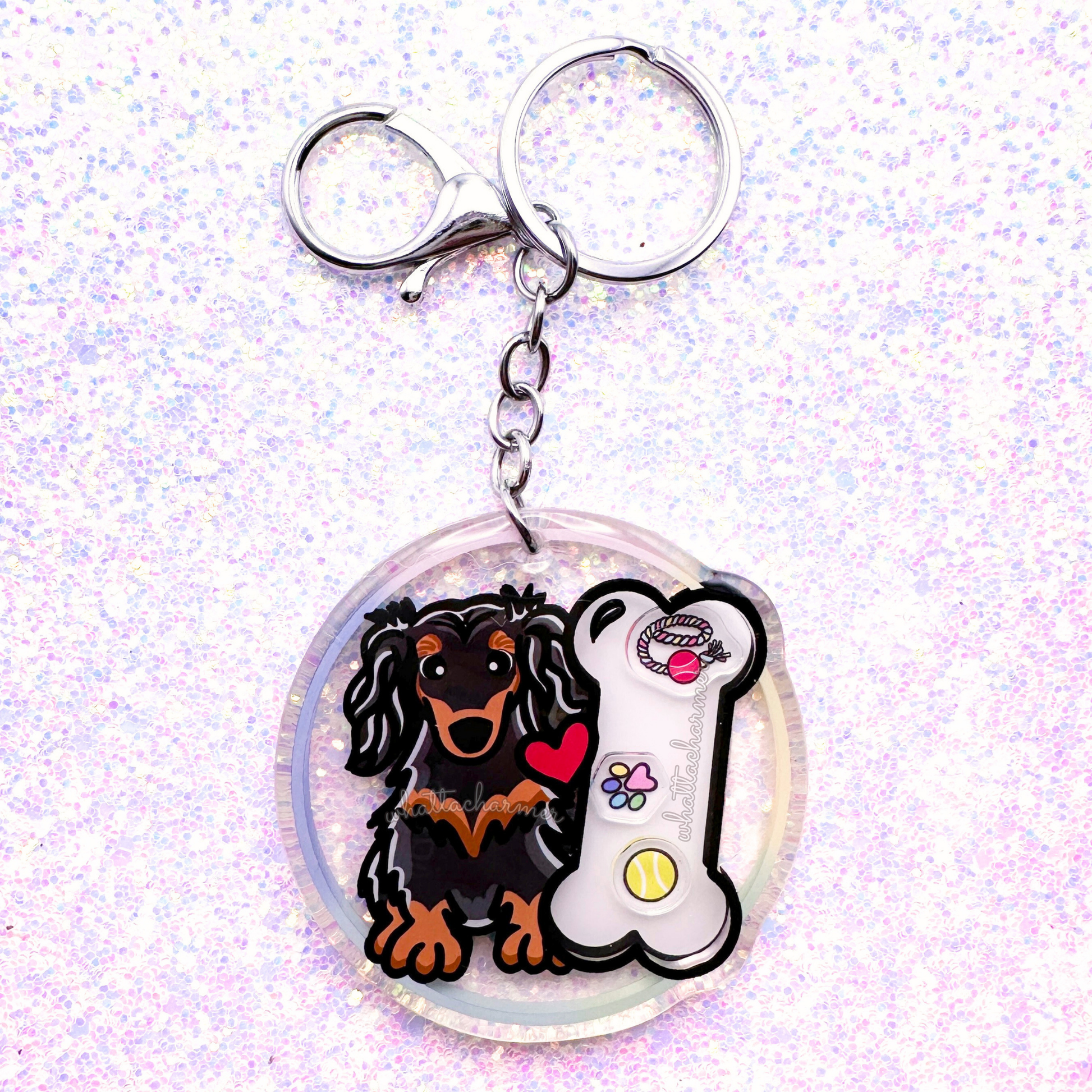 Longhaired Black and Tan Dachshund Keychain