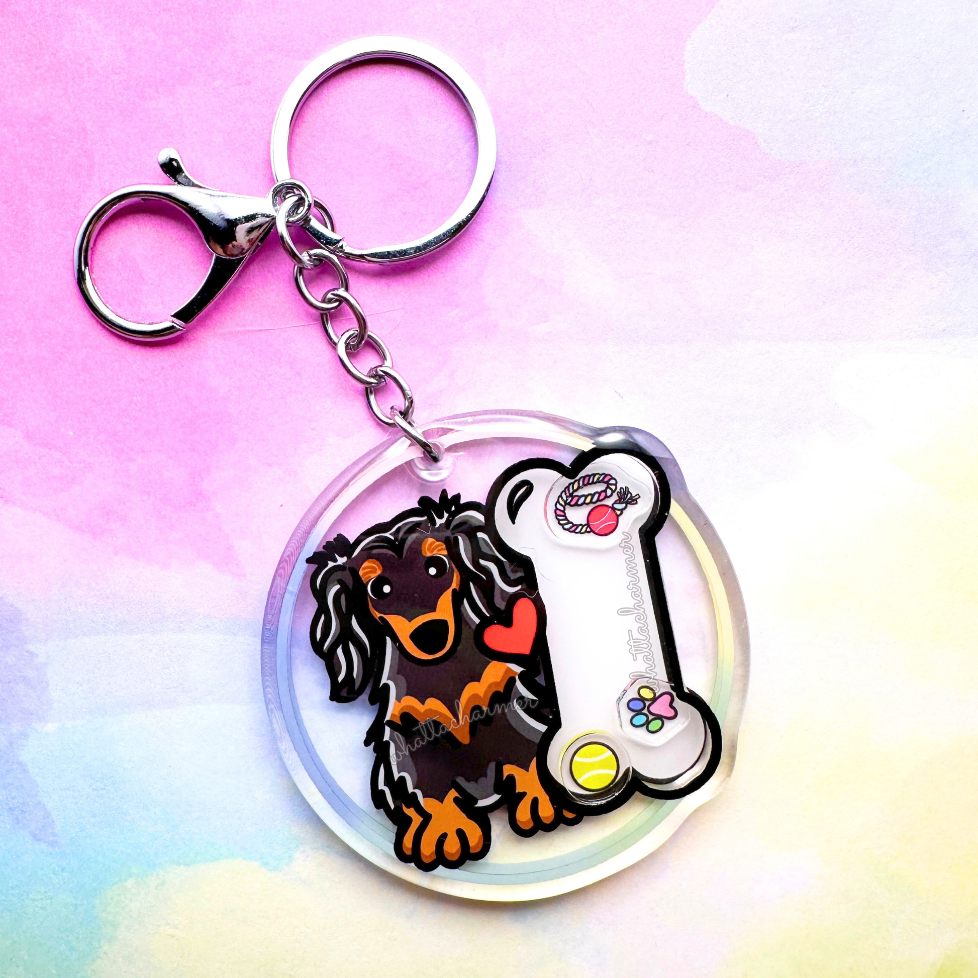 Longhaired Black and Tan Dachshund Keychain