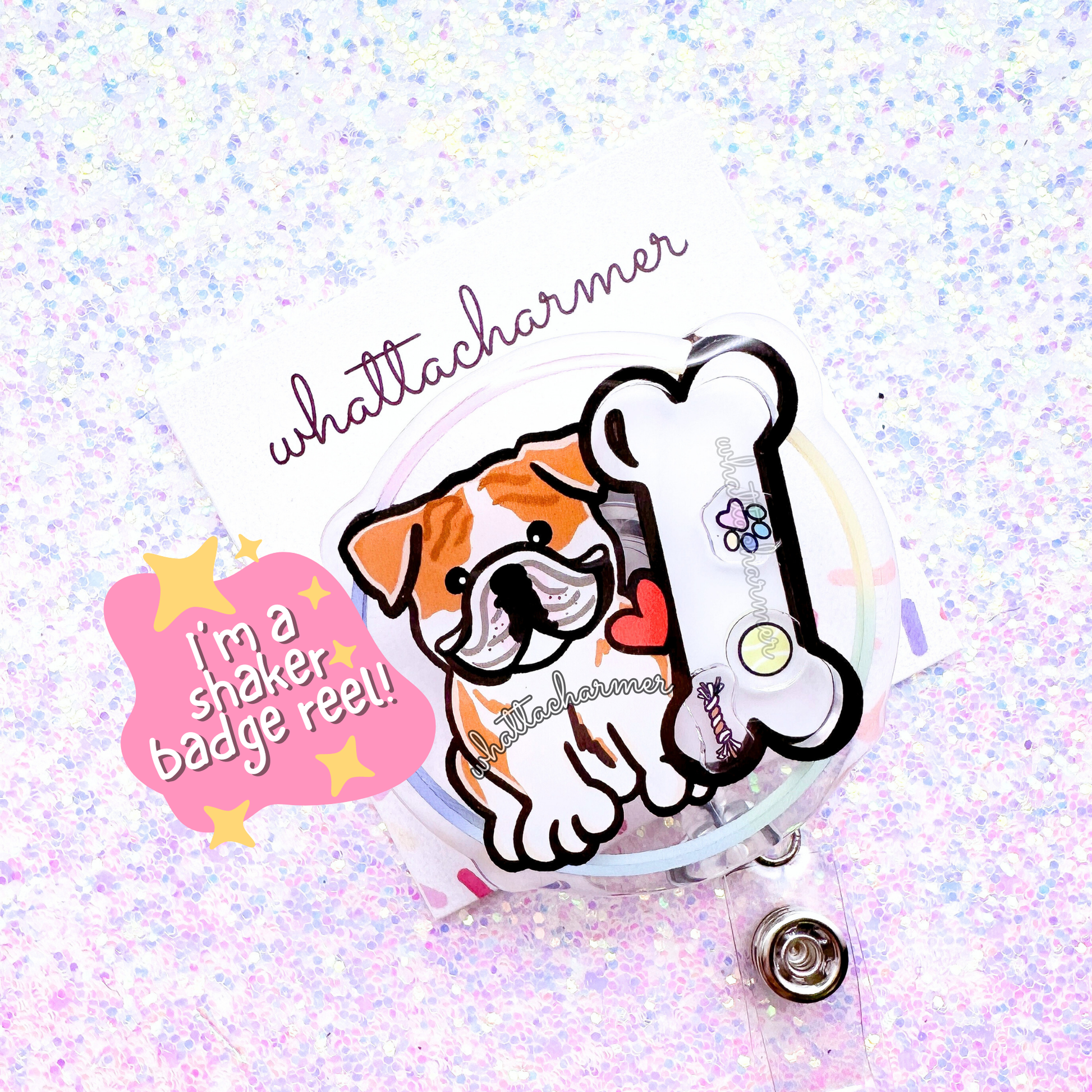 Fawn and White English Bulldog Shaker Badge Reel