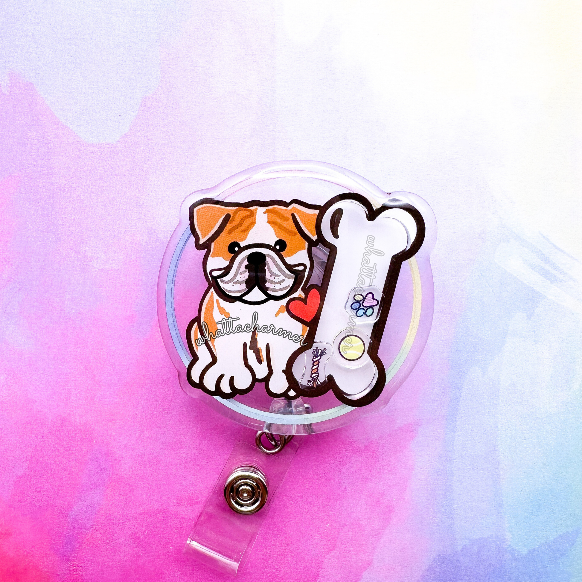Fawn and White English Bulldog Shaker Badge Reel