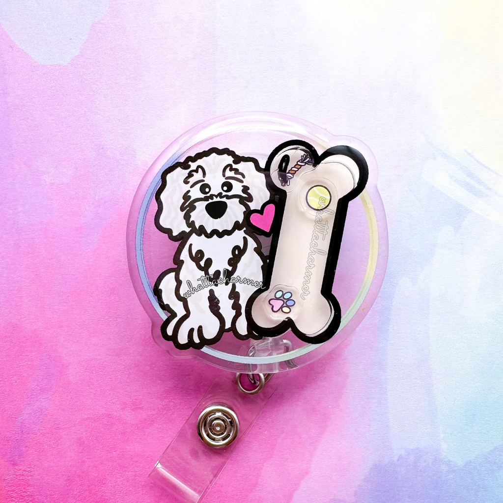 White Goldendoodle Shaker Badge Reel