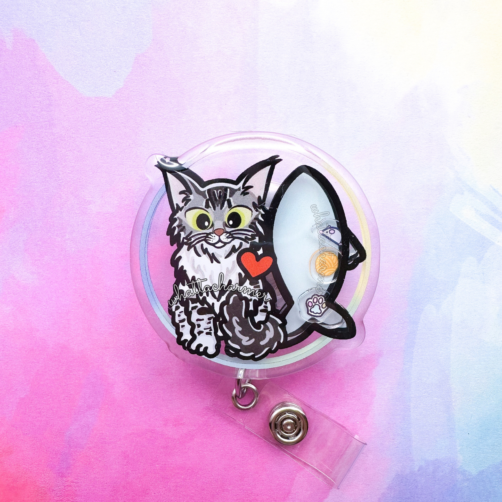 Gray Maine Coon Shaker Badge Reel