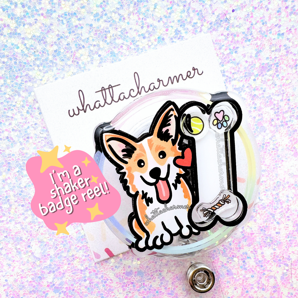 Red Pembroke Welsh Corgi Shaker Badge Reel