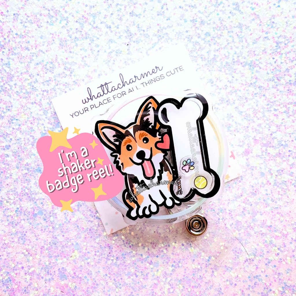 Red Headed Black Tri Pembroke Welsh Corgi Shaker Badge Reel