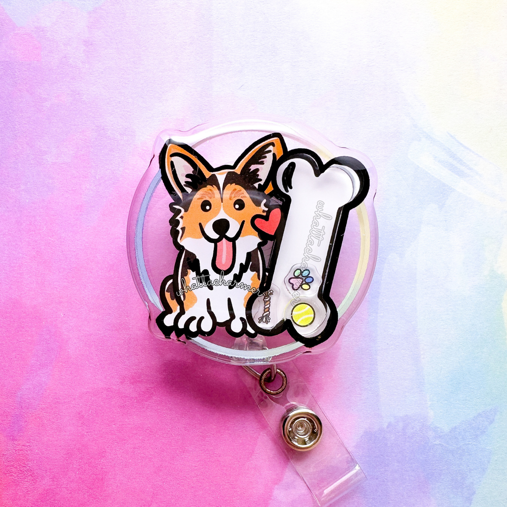 Red Headed Black Tri Pembroke Welsh Corgi Shaker Badge Reel