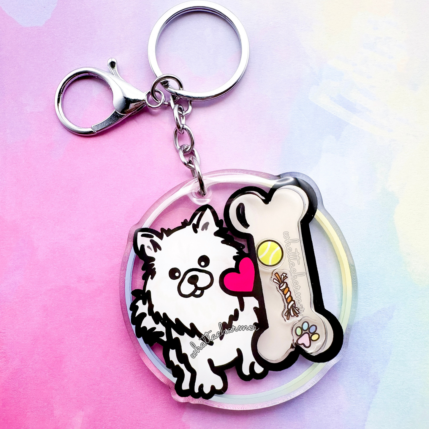 White Pomeranian Shaker Keychain