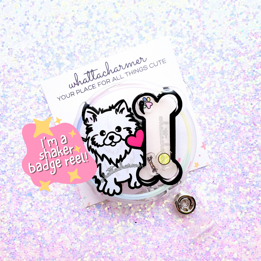 White Pomeranian Shaker Badge Reel