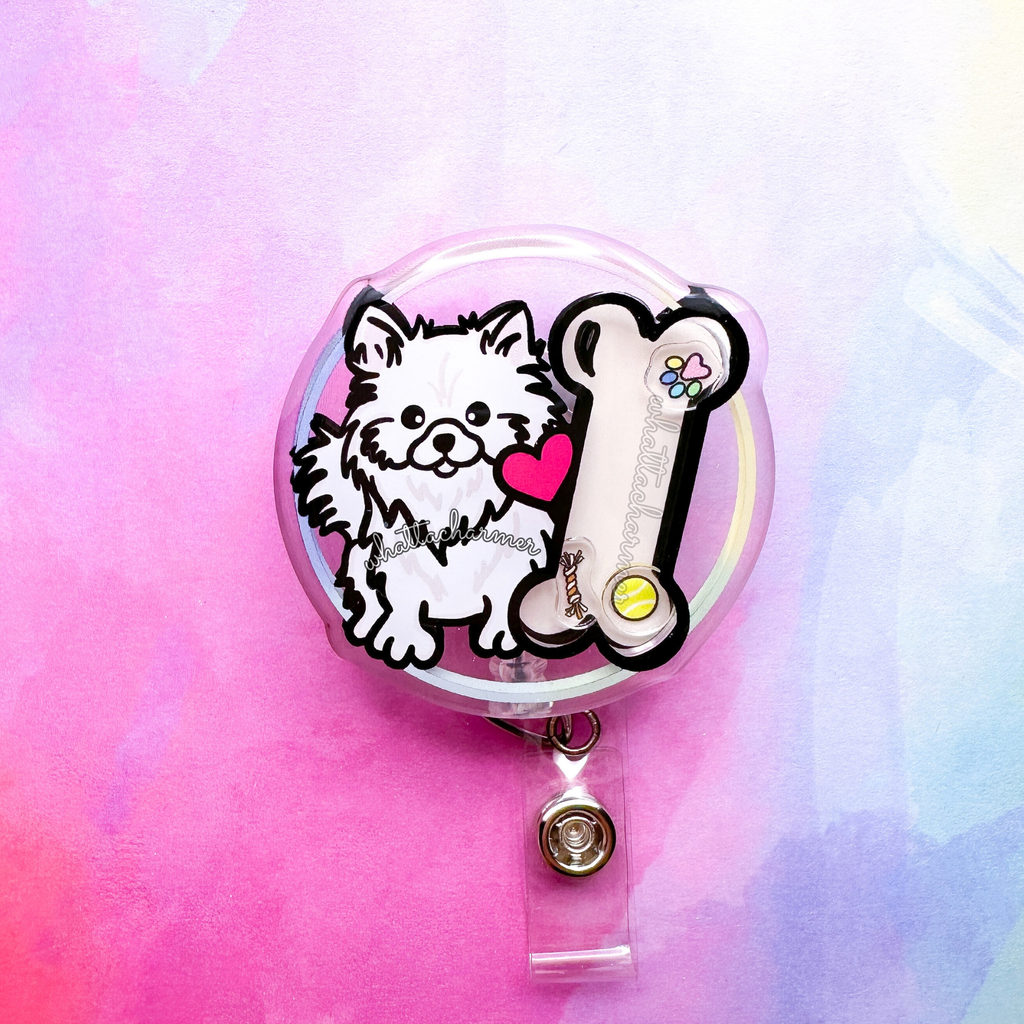 White Pomeranian Shaker Badge Reel