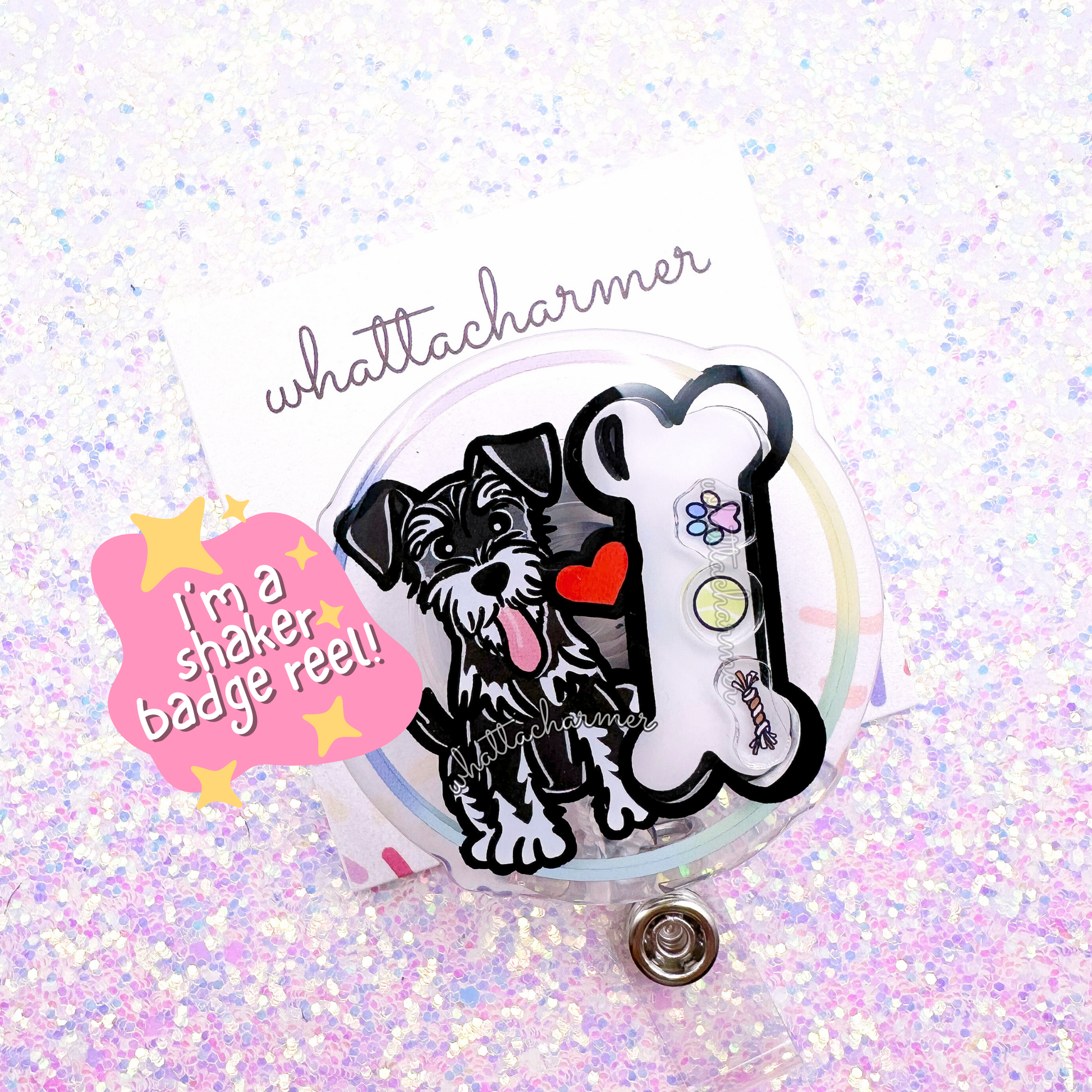 Black and Silver Schnauzer Shaker Badge Reel