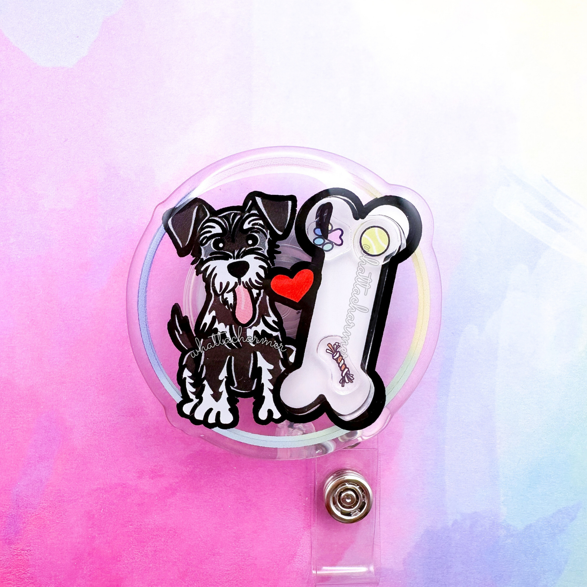 Black and Silver Schnauzer Shaker Badge Reel