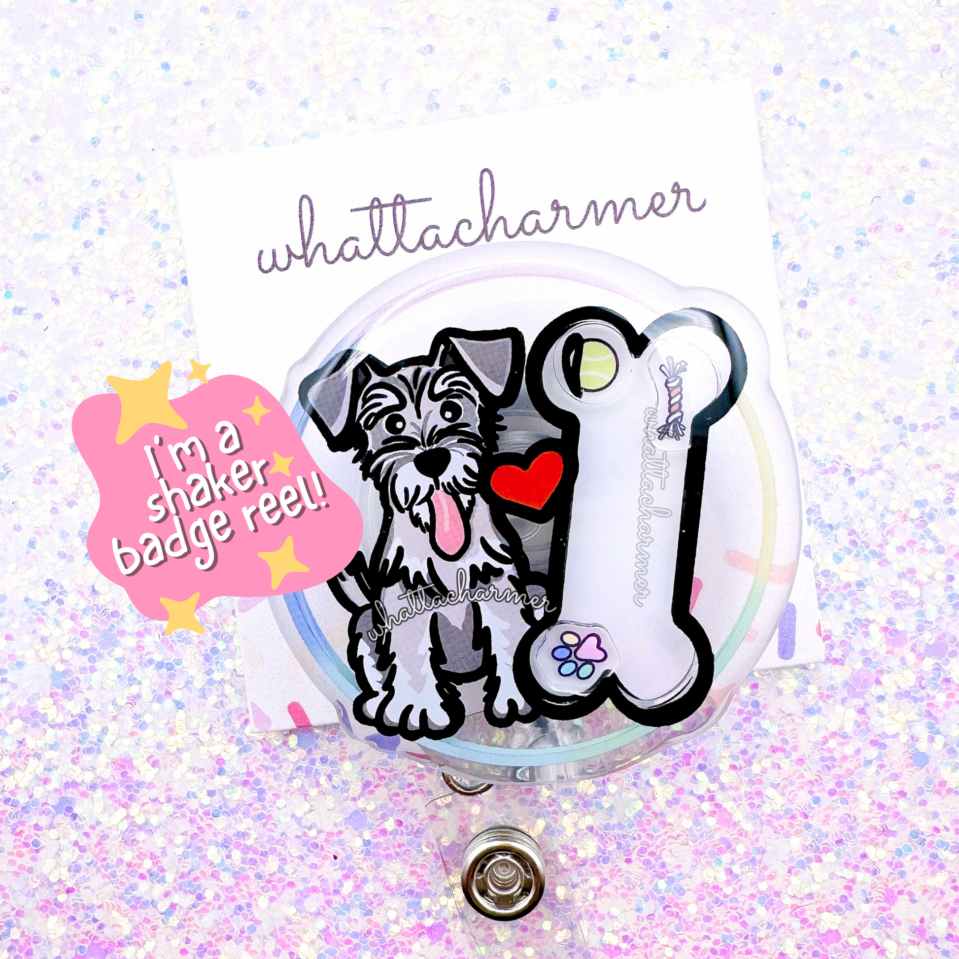 Salt and Pepper Schnauzer Shaker Badge Reel