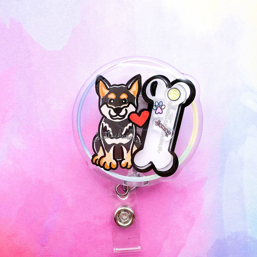 Black and Tan Shiba Inu Shaker Badge Reel