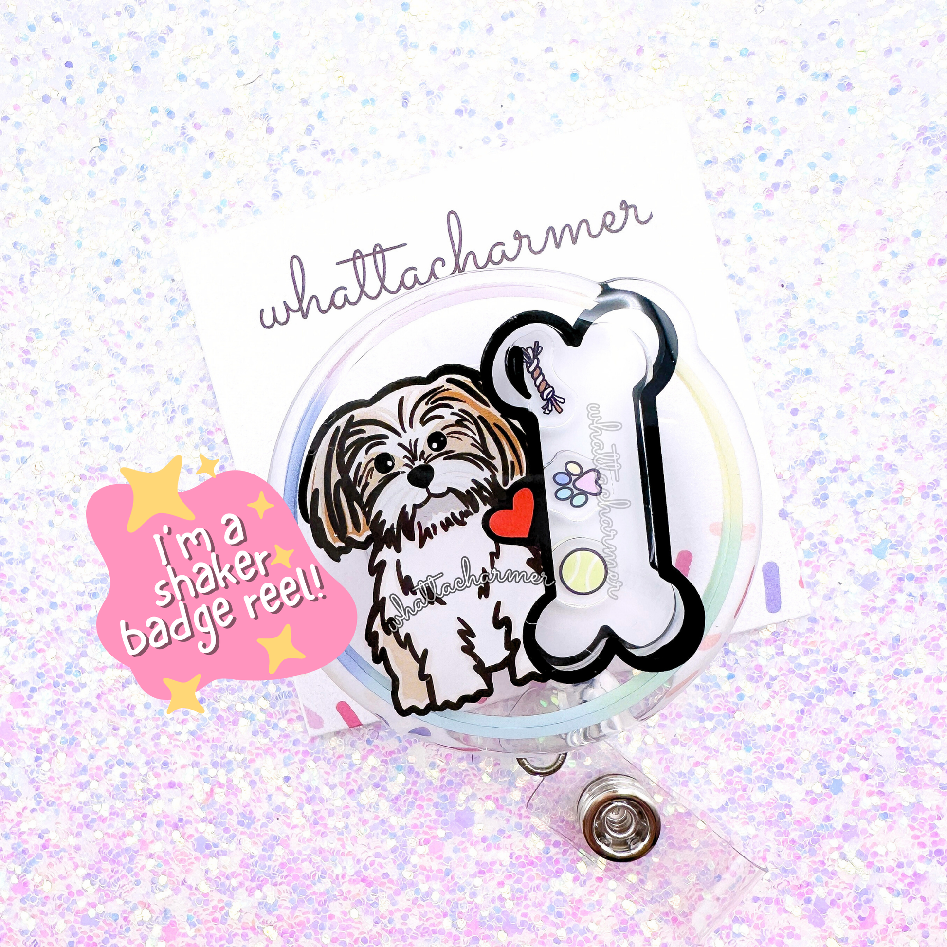 Gold and White Shih Tzu Shaker Badge Reel