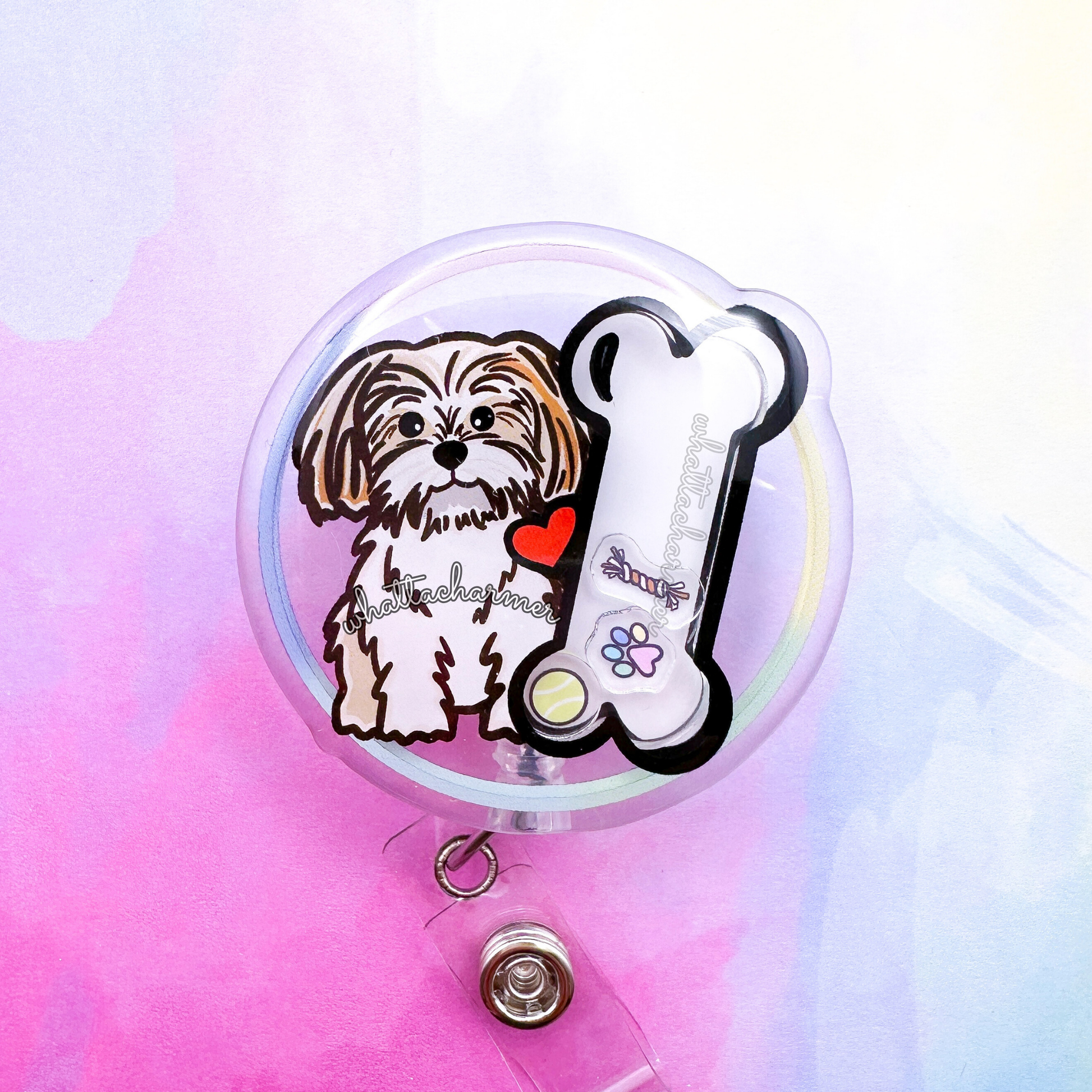 Gold and White Shih Tzu Shaker Badge Reel