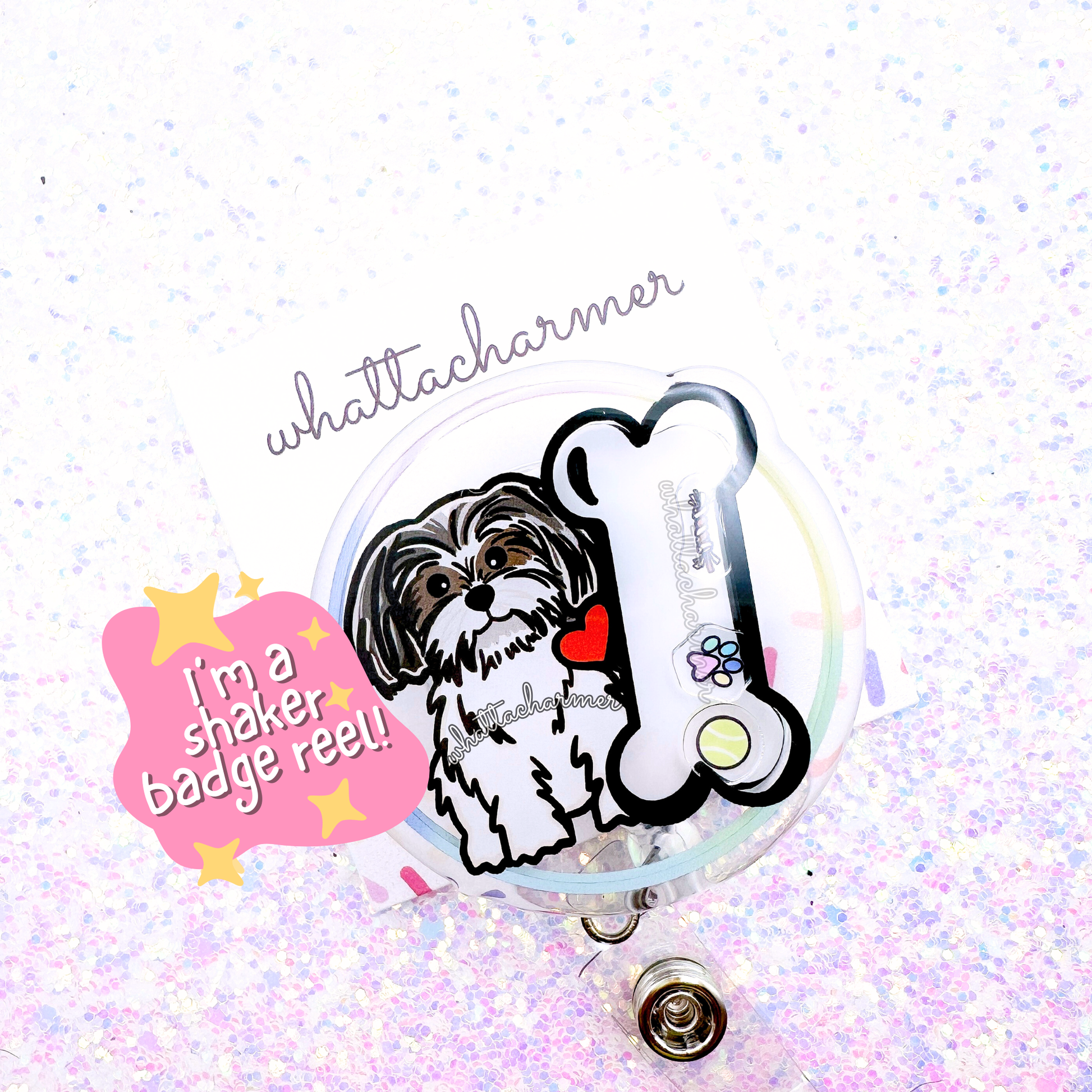 Liver and White Shih Tzu Shaker Badge Reel