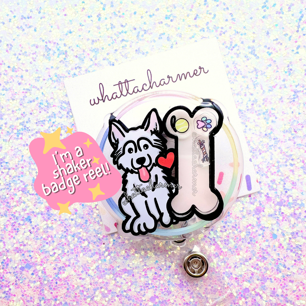 White Siberian Husky Shaker Badge Reel