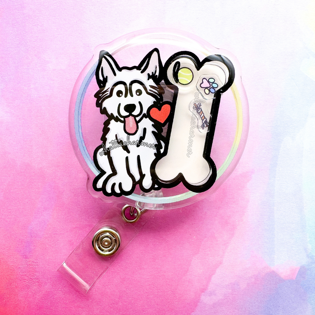 White Siberian Husky Shaker Badge Reel