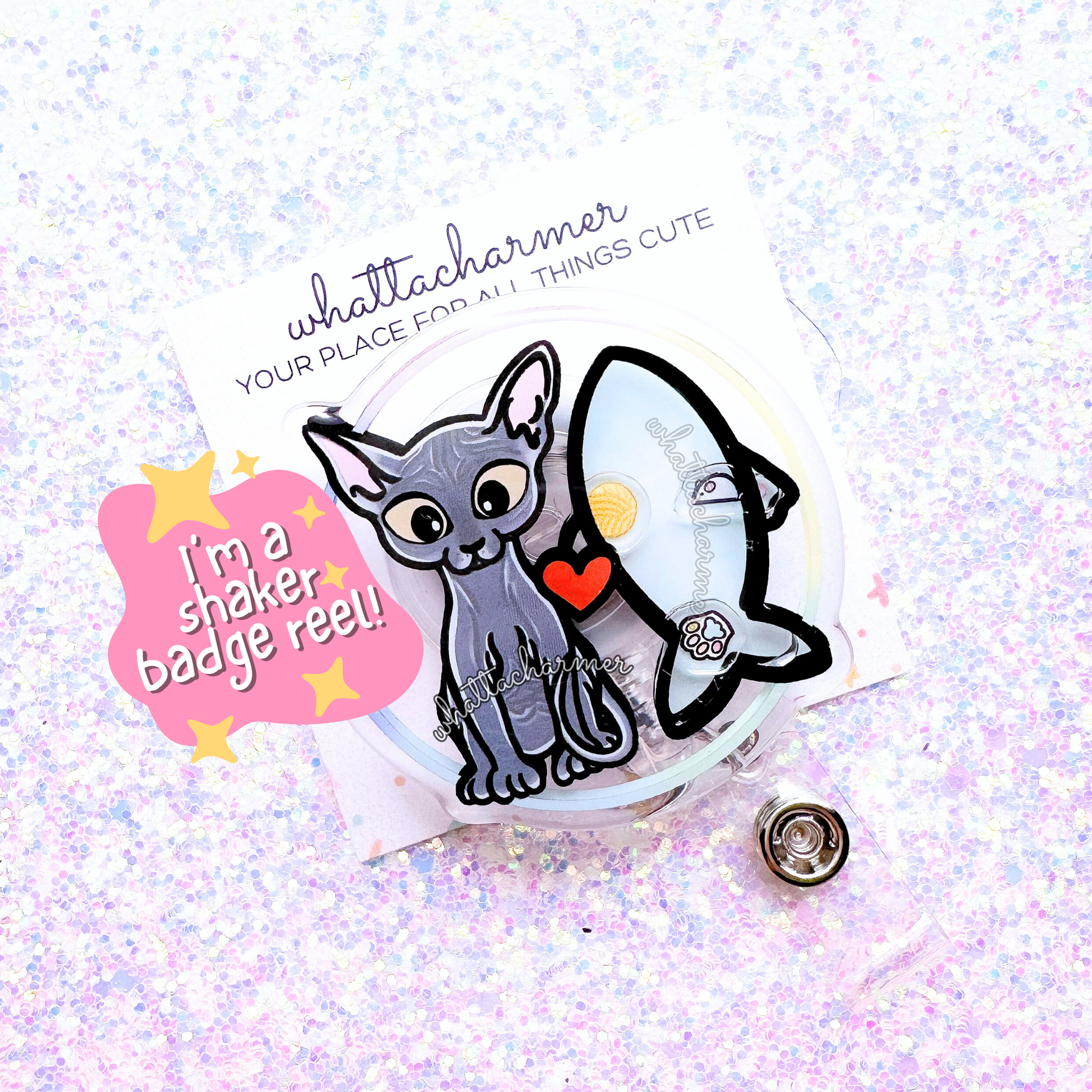 Blue Sphynx Cat Shaker Badge Reel