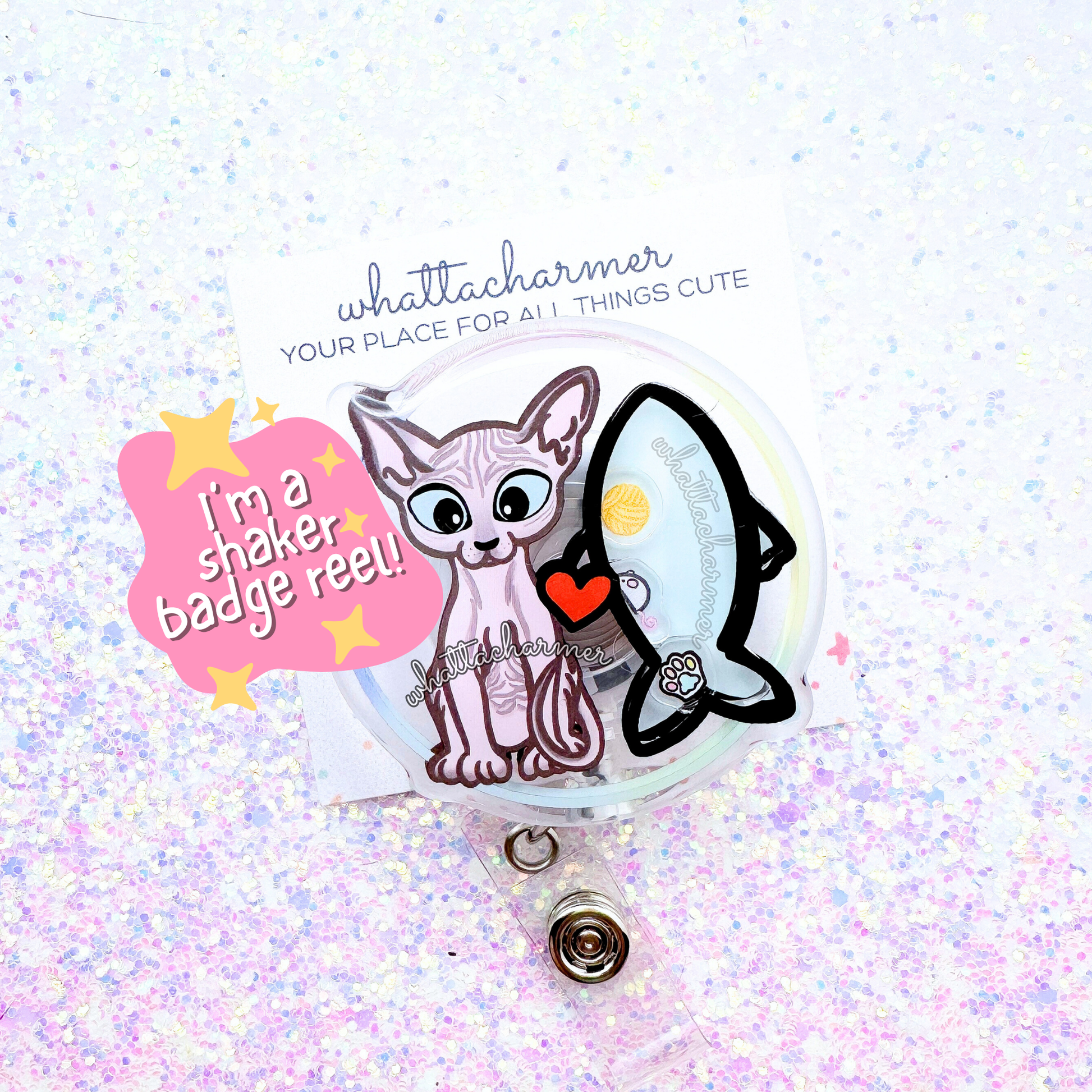Pink Sphynx Cat Shaker Badge Reel