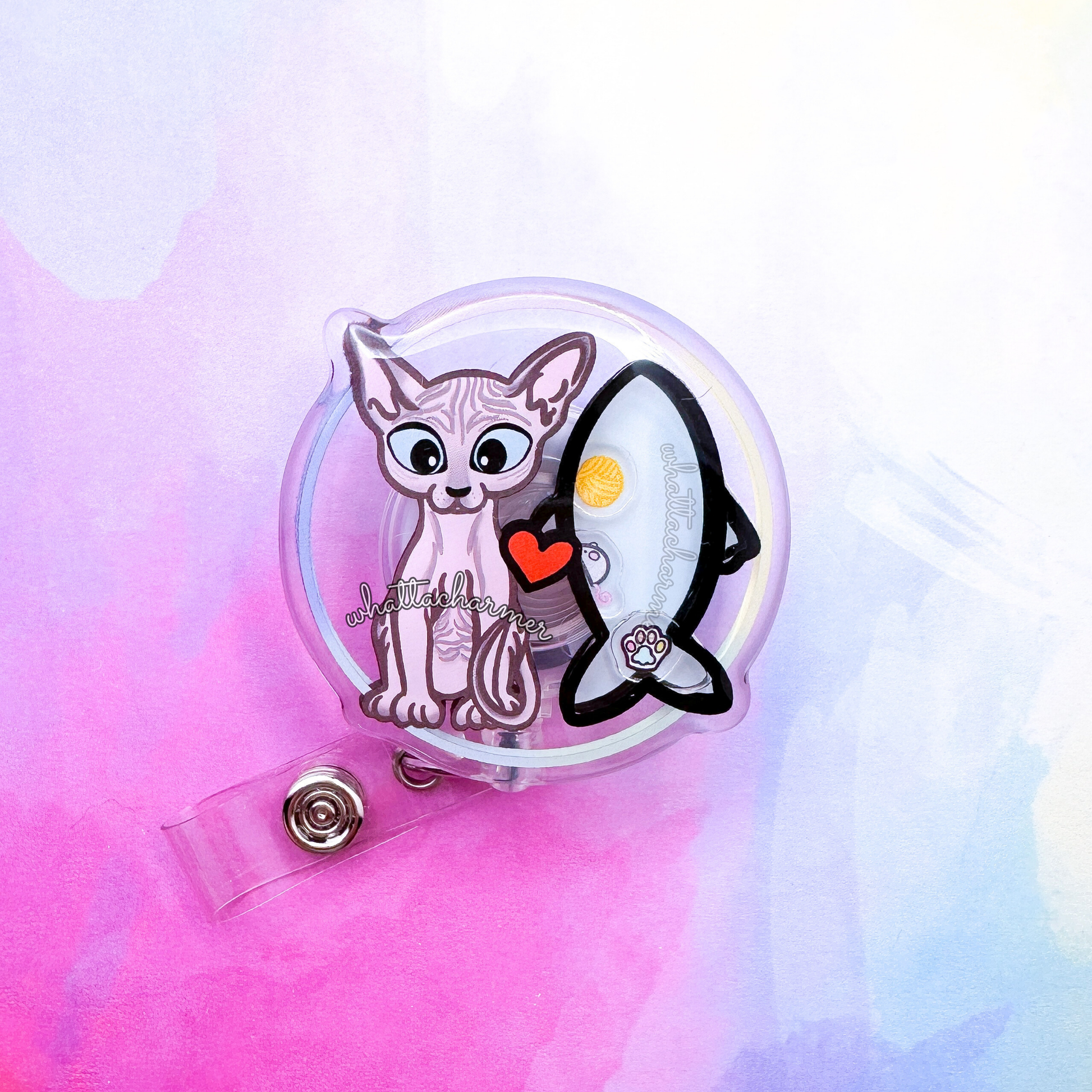 Pink Sphynx Cat Shaker Badge Reel
