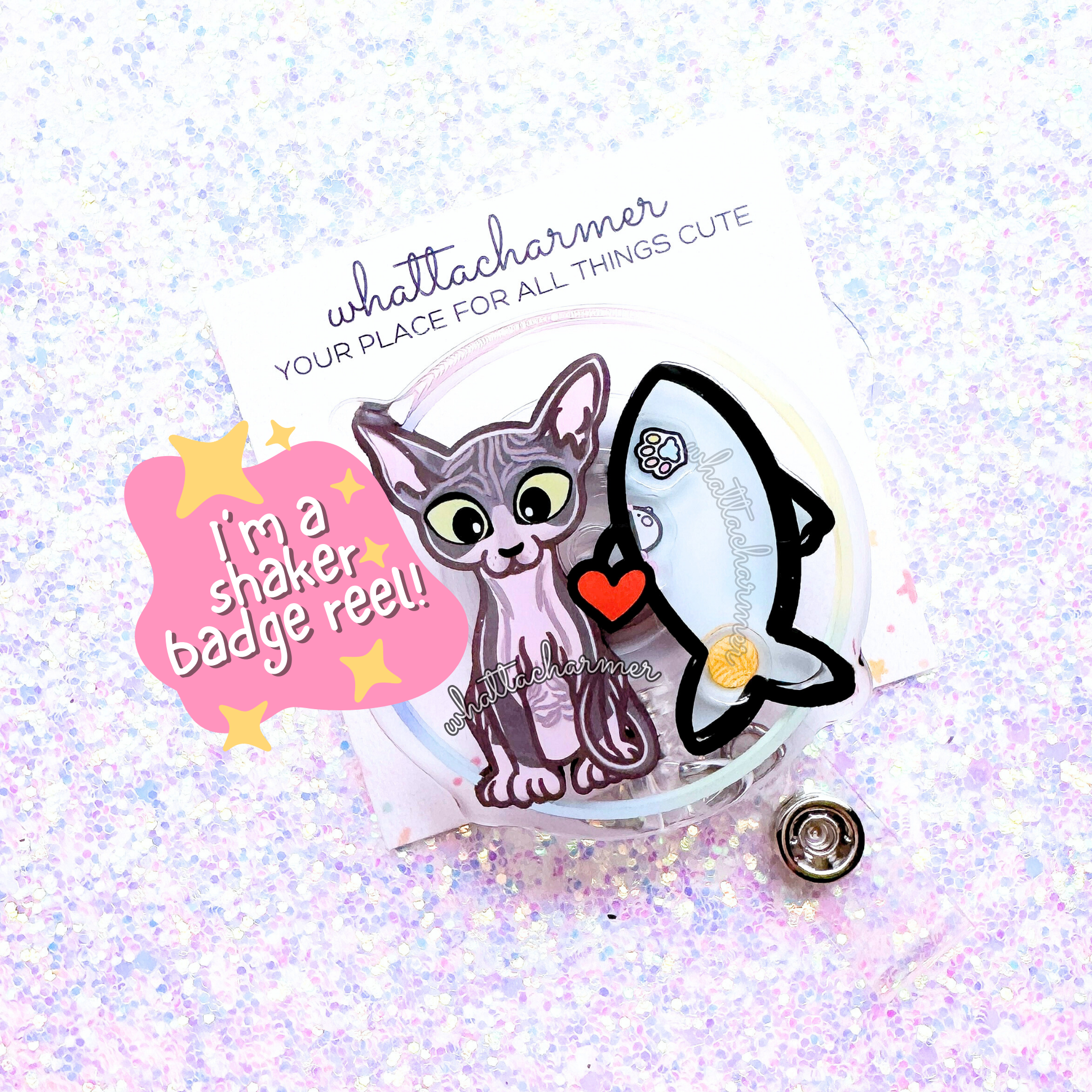 Tuxedo Sphynx Cat Shaker Badge Reel