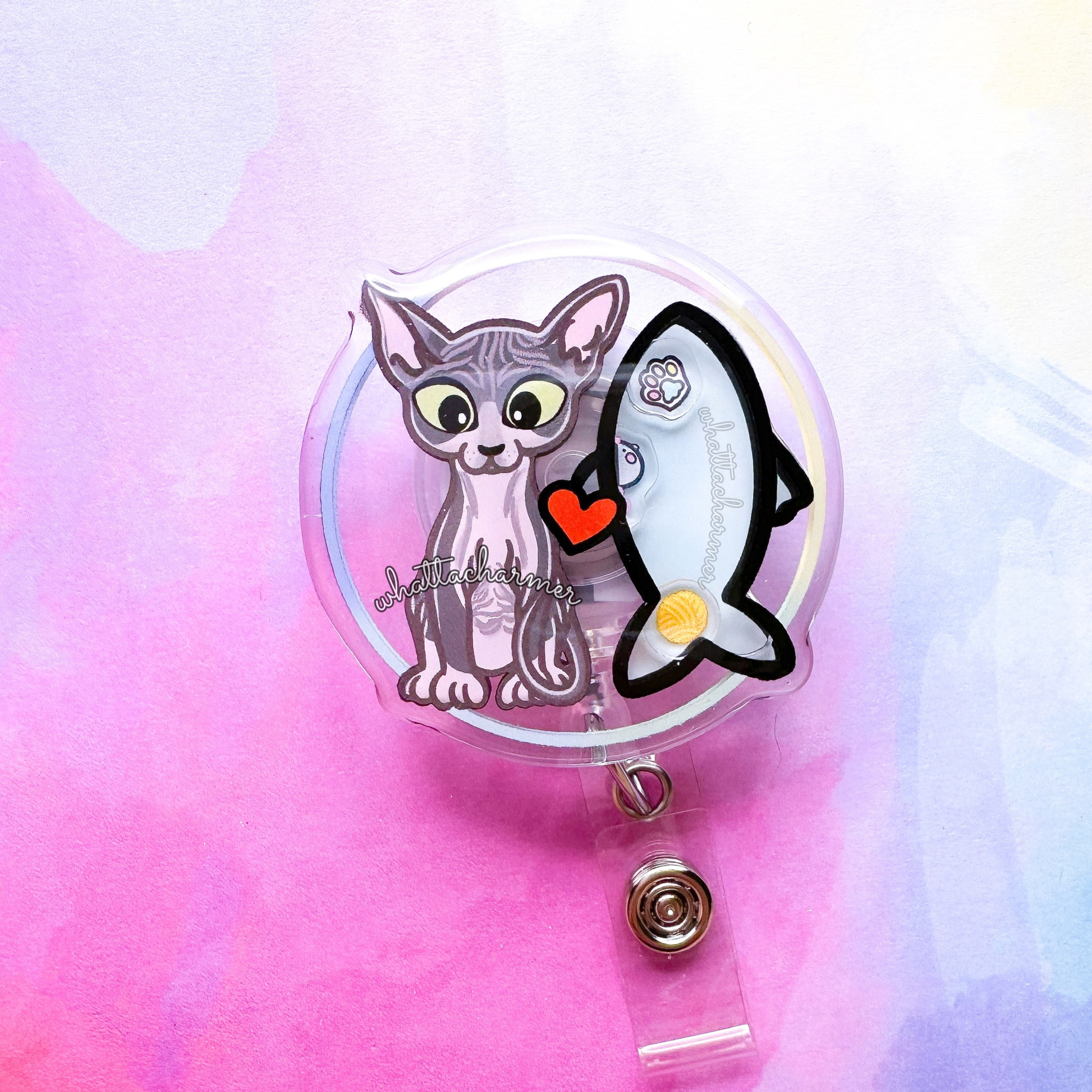 Tuxedo Sphynx Cat Shaker Badge Reel