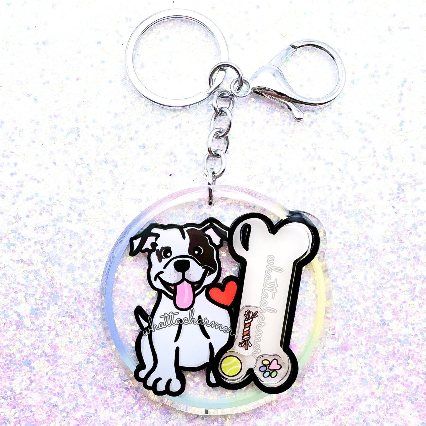 Pied Staffordshire Bull Terrier Shaker Keychain