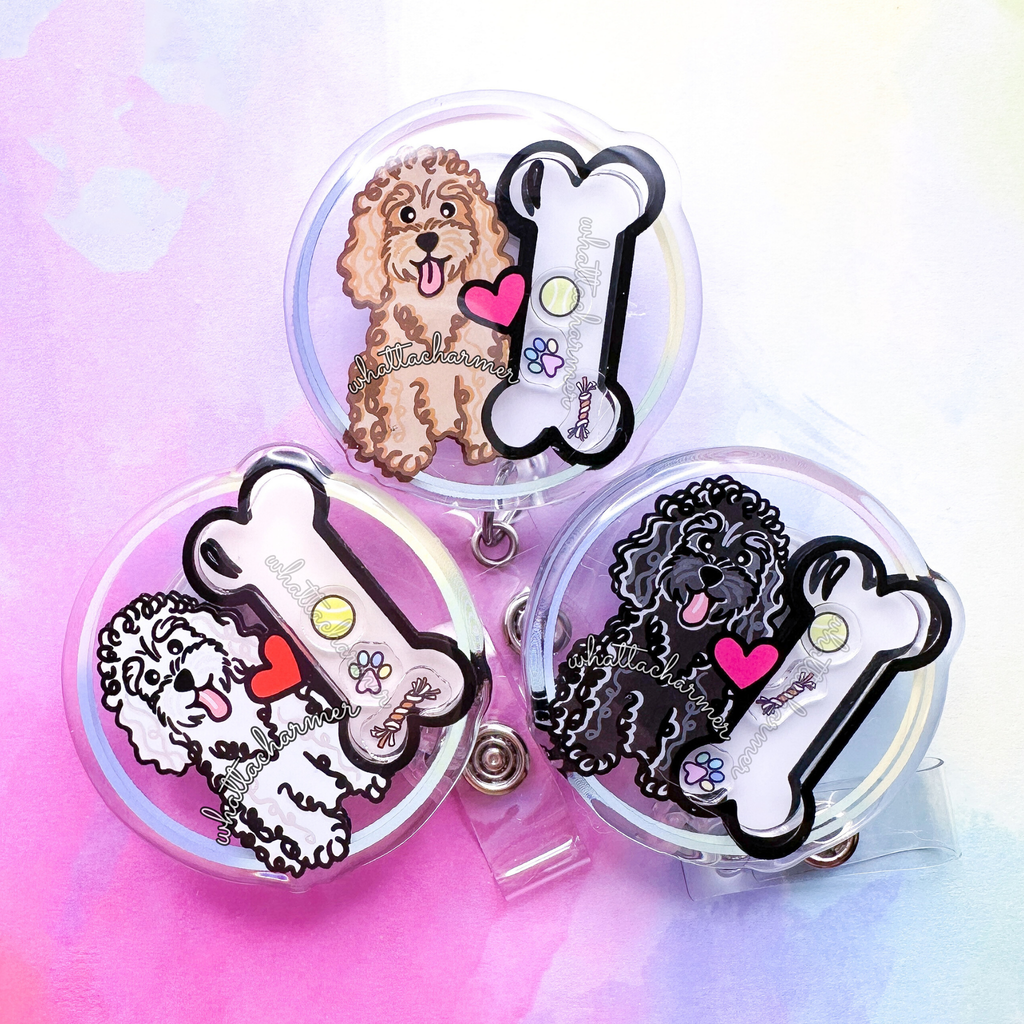 White Standard Poodle Shaker Badge Reel