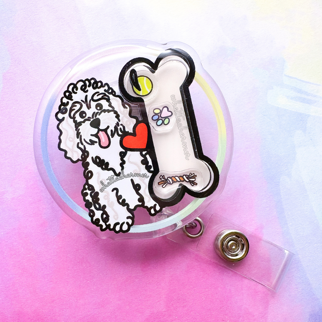 White Standard Poodle Shaker Badge Reel