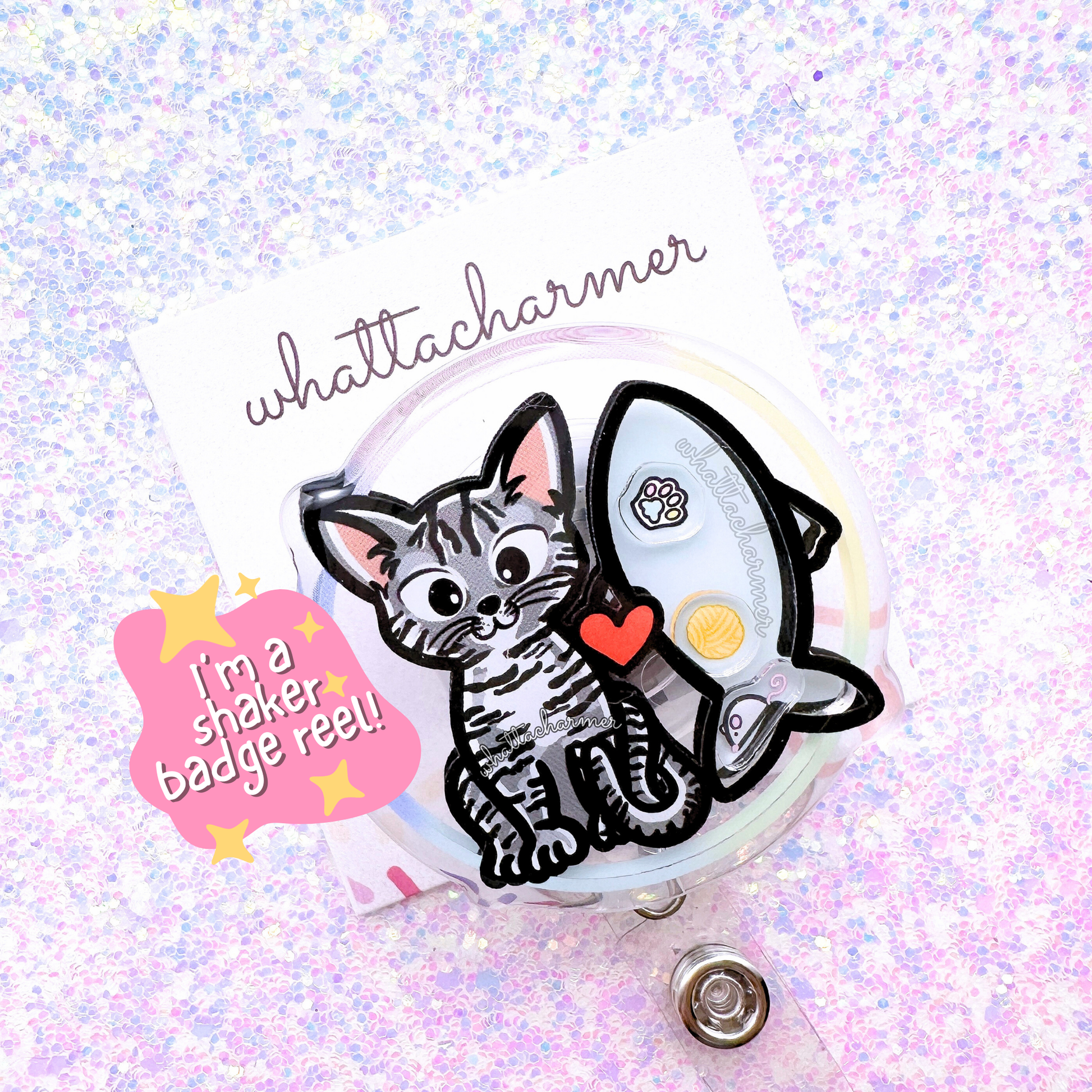 Gray Tabby Cat Shaker Badge Reel
