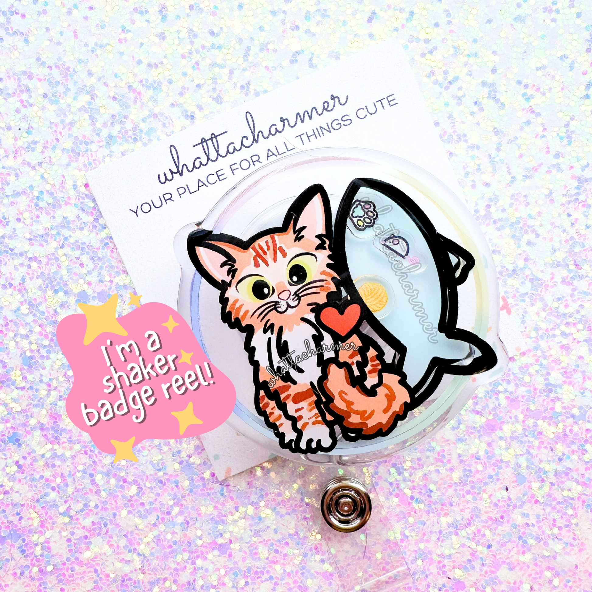 Longhaired Orange Tabby Cat Shaker Badge Reel