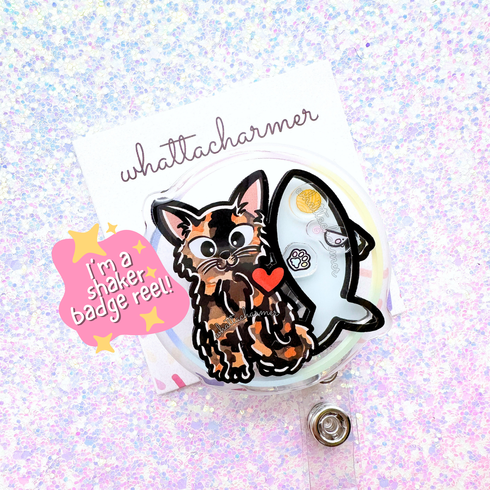 Longhaired Tortie Cat Shaker Badge Reel