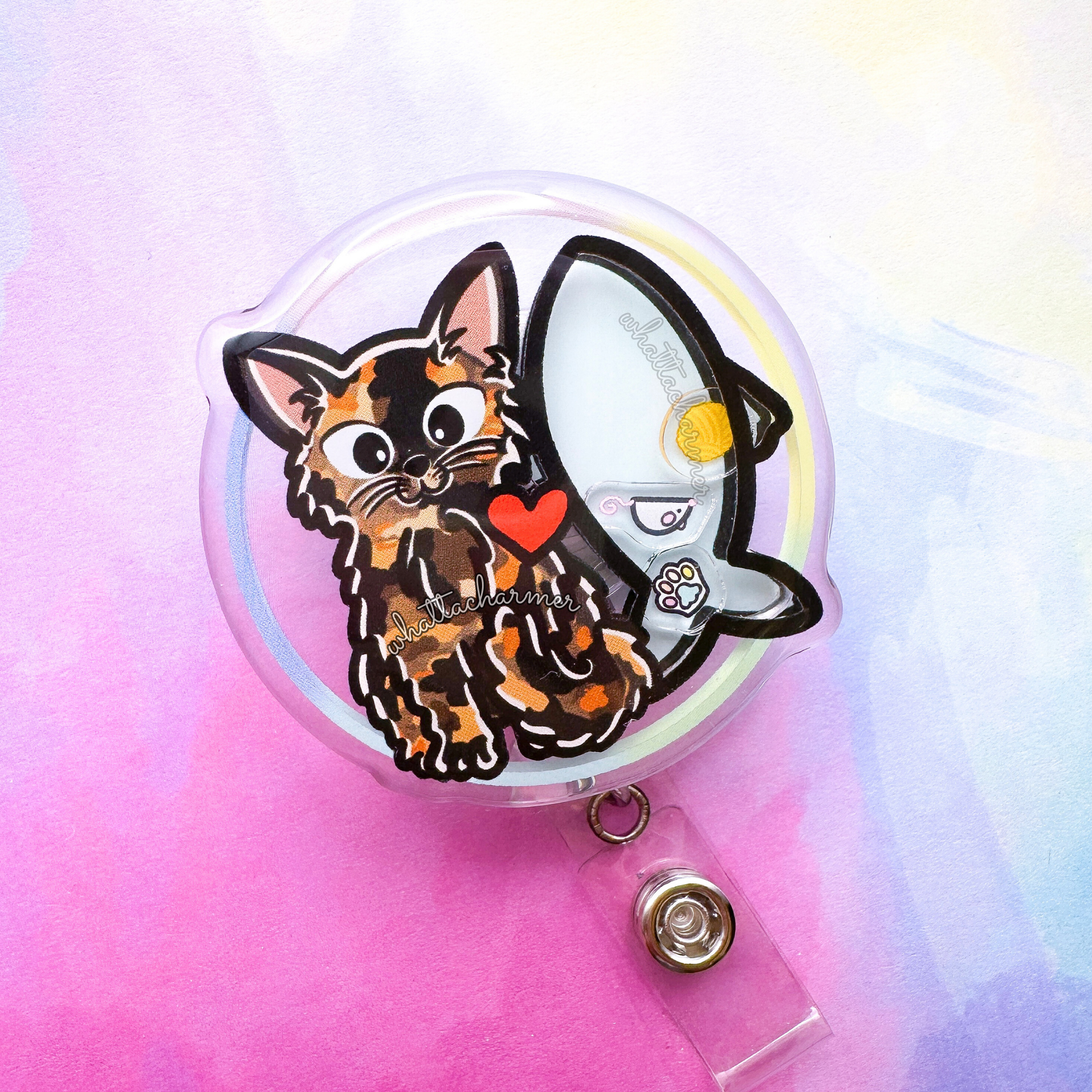 Longhaired Tortie Cat Shaker Badge Reel