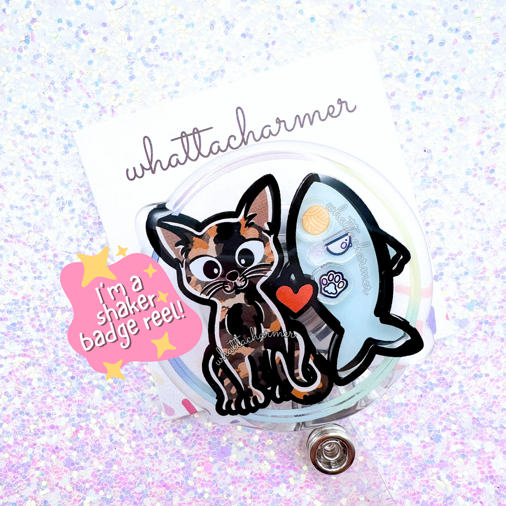 Shorthaired Tortie Cat Shaker Badge Reel